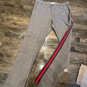 Elegant Men's Gray Checkered Pants with Red Accent